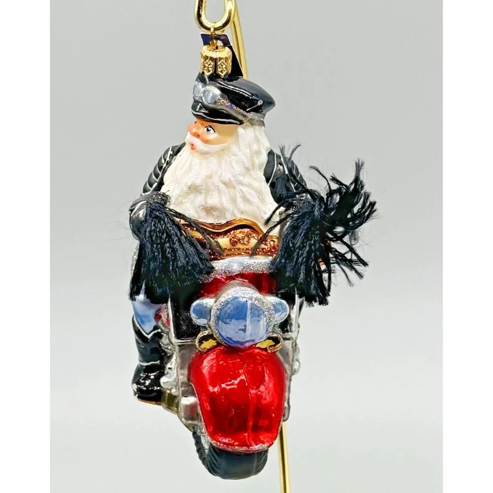 Motorcycle Rider Biker Santa Tassels Polish Glass Christmas Tree‎ Ornament 5.5